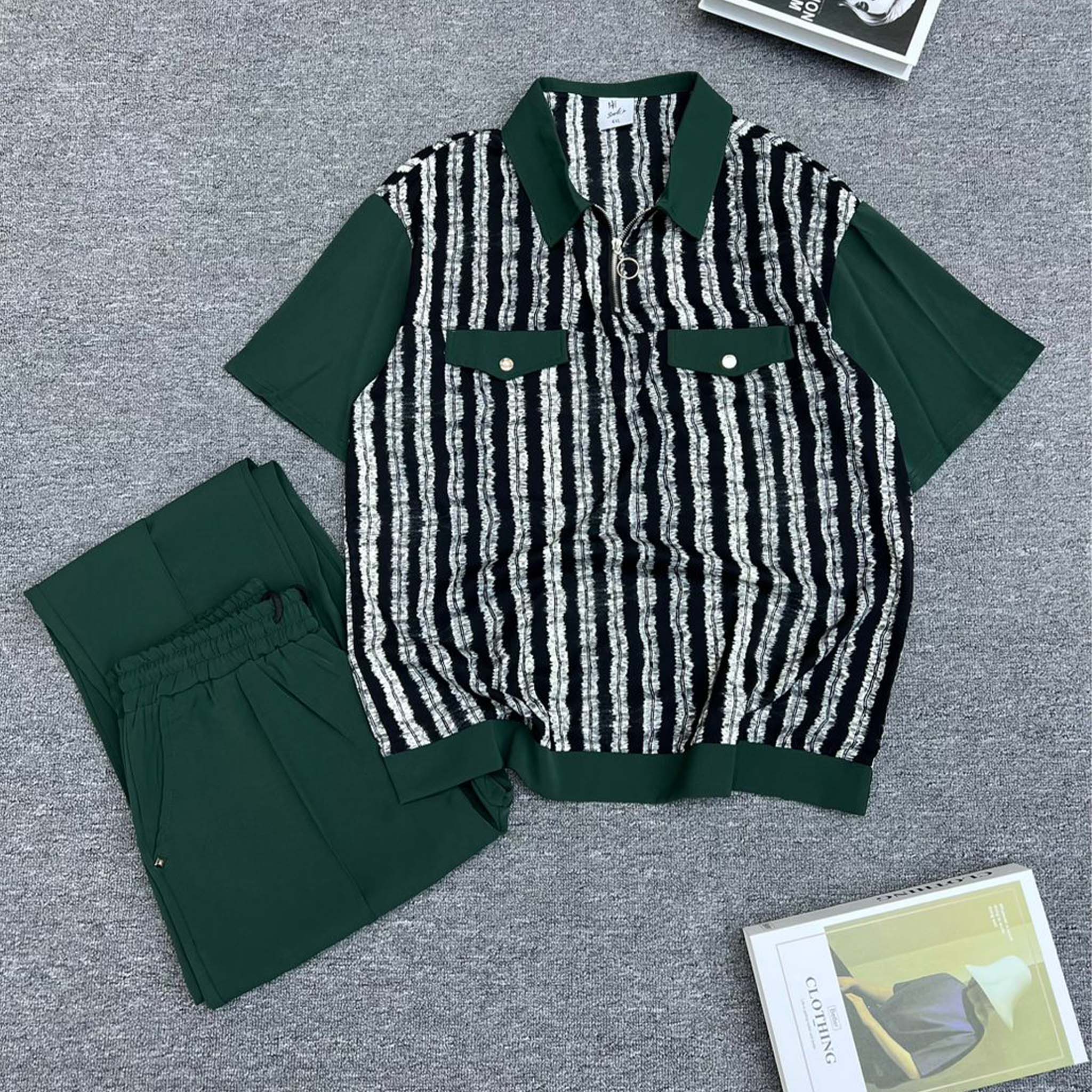 Green Textured Striped Two Piece Set