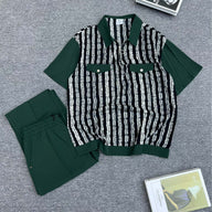 Green Textured Striped Two Piece Set